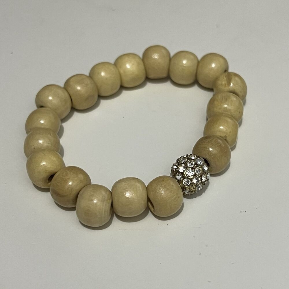 Light Wood Elastic‎ Rhinestone Bead Bracelet